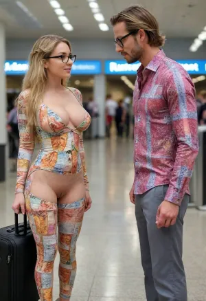 1 man 1 woman facing each other, attractive 25-year-old British woman on a crowded airport terminal asking a 30-year-old man for directions, ((woman has athletic body and is wearing eyeglasses:1.3)), woman has very long blonde hair with African braids, no makeup, shy smile like she's just been told she looks great, ((woman has long-sleeved very short shirtdress with artsy print with only one button attached exposing cleavage and naked pussy:1.3)), ((shaved pussy:1.3)), ((visible pussy:1.6)), ((deep cleavage:1.6)), thigh-high stockings, purse, luggage, flat sandals, man is attractive, ((man is wearing casual shirt and trousers:1.4)), camera 30 feet away, upskirt, skirt, lift, <lora:ClearHand-V2:.5>, <lora:skirtLift:.5>