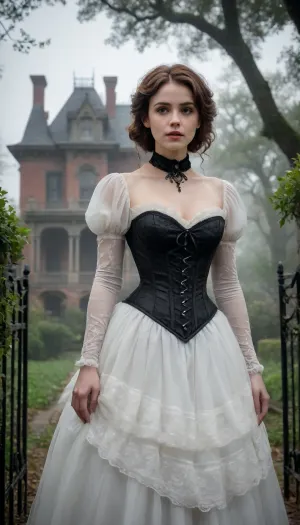 A Victorian-inspired scene featuring a young woman standing in the misty garden of a haunted mansion. The woman is dressed in a dramatic, elegant white corset gown adorned with delicate lace details along the sleeves and neckline, evoking a gothic yet refined aesthetic. Her porcelain skin glows softly in the ambient light, contrasting against her dark attire. Her high-piled, intricately styled hair features voluminous curls and loose strands framing her face, lending an air of grace and mystery. She wears a choker with a black pendant, adding a subtle touch of sophistication to her ensemble. Her expression is one of gentle curiosity and subtle unease, her large, expressive eyes drawing the viewer into the eerie atmosphere.
The background reveals the imposing haunted mansion, its towering architecture characterized by steep gables, intricate woodwork, and ivy crawling along its weathered walls. The mist rolls across the garden, partially shrouding the wrought-iron fence that encircles the property. The faint silhouettes of twisted, barren trees loom in the distance, their skeletal branches reaching towards a pale, overcast sky.
The scene is bathed in a moody, diffused light, with warm hints of sunlight breaking through the mist to highlight the mansion's aged stonework and the soft petals of blooming roses scattered throughout the garden. The ethereal fog, combined with the timeless beauty of the setting, immerses the viewer in a gothic tale filled with mystery and elegance.