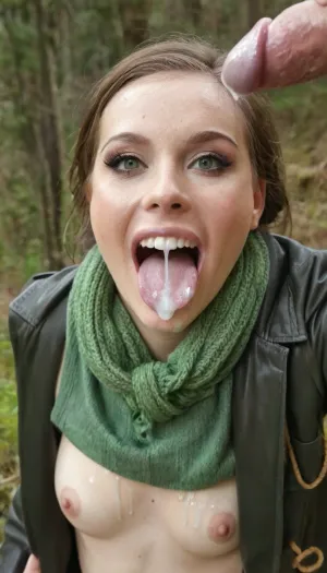 closeup of a girl's glossy lips with strings of cum between upper and lower lip, (pale skin), (dark green eyes), (strings of cum:1.3), (threads of cum:1.3), (cum between lips), (dripping cum), (cum dripping from teeth:1.3), (pink lips), (skin pores), (detailed skin), (beautiful face), (short wavy hair:1.1), (loose curls), (brunette hair), (pixie cut), (Northern European), (freckles), (cum hanging from teeth), (mouth open:1.2), (clothed:1.4), (brown cord jacket:1.2), (long, green, knitted scarf:1.1), (wearing a pullover), (realistic transparent liquid)