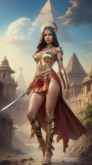 A highly detailed full body oil painting, in style of by John Berkey, a woman in an Indian warrior costume, indian art, cgsociety contest winner, fantasy art, with huge breasts, with beautiful exotic, pyramid, full hd, metart, commission for, an oil on canvas painting, contest winner, figurative art, young woman with long dark, an airbrush abstract figurative art