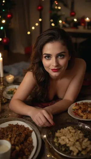 35-year-old young girl with long disheveled brown hair, naked, ((lying completely on a New Year's Eve dinner table covered with festive food dishes, photographer takes a picture of the girl from above)), looking at the camera, smiling face, red lips, heavy makeup, dark eyes, looking into camera, dark eyeliner, dark eyelashes, dark long eyelashes, dark eye shadow, (dimmed lights)