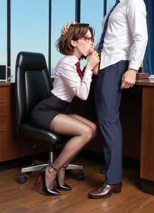 hot sexy secretary in office outfit, pantyhose, high heels, glasses, suck dick of company boss, blow job, boss holding head of secratary with his hands, boss put secrataries head on his dick, detailed blowjob, full body, realisitc