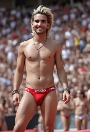 (Bill Kaulitz, Tokio Hotel), beautiful seamless tanned naked Bill kaulitz, smiling, straight hair wild hairdresser, on a band stage at a festival in the Coliseum in Rome, in red-white bikini bottom, sexy pose, full body, (sunny day, windy), full body viewing, barefoot, no beard, full body in frame, tan feet, full body seen, chewing gum on the foot, hairless body, full length view, highest quality, photorealistic