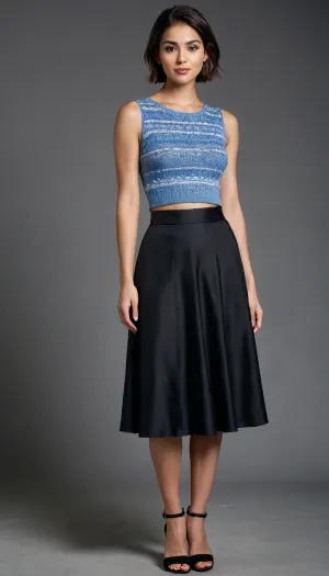 1girl, 20 year old, olive skin, well-built, large breasts, slight smile, short hair center parted, (hair behind ears), ((feet visible)), ((full body)), front view, wearing a sleeveless cornflower blue & white knit top, (black midi silk skirt), ankle strap heels, hand on hip, black blurred background