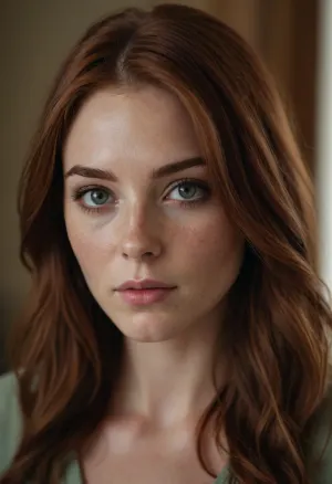 A photograph of a beautiful young woman, centered, looking directly at the viewer with a slightly serious yet gentle expression, (realistic eyes:1.3), with light brown irises and visible limbal rings, detailed eyelashes and eyebrows, (subtle freckles across her nose and cheeks:1.2), fair skin with warm undertones, slightly parted lips, (natural lip color:1.1), a small beauty mark near her left nostril., (Long, flowing auburn hair with subtle red and brown highlights:1.4), cascading down her shoulders and chest, with natural waves and loose strands framing her face, a center part, some hair tucked slightly behind her ears, capturing the light with soft highlights, (realistic hair texture:1.2), slight flyaways giving a natural look.

Wearing a dark green v-neck t-shirt with a slightly faded white "81" graphic printed on the front, the graphic has a slightly distressed and worn texture, short sleeves with dark trim around the edges, the fabric appears to be soft cotton, the shirt is slightly fitted, (the number "81" is clearly visible and slightly off-center:1.1), .
A hint of light-wash denim shorts visible at the bottom edge of the frame.

Standing with her hands resting on her hips, elbows slightly out, relaxed posture but confident gaze, her body facing forward, slight asymmetry in her pose, (natural and unposed:1.1), subtle muscle definition in her arms.

Indoor setting with soft, warm, cinematic lighting coming from the left, creating subtle highlights and shadows on her face and hair, the background is slightly blurred with a shallow depth of field, suggesting a portrait lens, hints of warm-toned wooden shelves or cabinets behind her, an out-of-focus picture frame hanging on the wall behind her to the right, a glimpse of greenery or a plant to the far left, the overall mood is intimate and natural., (Warm color grading:1.1), natural light, diffused light, ambient light.

Photorealistic style, captured with a high-quality professional camera, sharp focus on the woman's face and upper body, (slightly shallow depth of field:1.1), natural skin texture, 8k resolution, ultra-detailed, intricate details, cinematic composition, (close-up shot:1.2), medium shot.