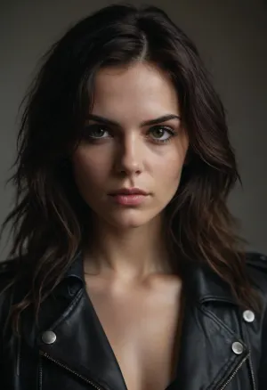 Close-up portrait of a confident woman with a rockstar attitude, intense gaze, and wild, tousled long dark hair. Her expression is bold and effortlessly cool, with a slight smirk and piercing eyes lined with subtle, smudged eyeliner for a smoky, rebellious look. She is wearing a sleek black leather jacket draped over her shoulders, adding an edgy, grunge vibe. The framing is tight, focusing on the face and upper shoulders, with a shallow depth of field that blurs a minimal, light-colored background. Her hair flows naturally, with loose, messy strands framing her face, adding a sense of movement and raw emotion. The lighting is soft and diffused, highlighting her natural skin texture and creating a moody yet authentic atmosphere. The overall style is cinematic and modern, evoking a sense of effortless rockstar confidence and raw beauty.
Wide aperture, (f/1.8), shallow depth of field for a blurred background. Soft natural light, diffused, with subtle highlights on the face and hair. Photorealistic, cinematic, high detail, magazine editorial quality. Bold, edgy, rebellious, raw, and confident.