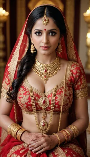 Beautiful busty Hindu bride, full body covered with golden jewellery not red bridal dress for her wedding