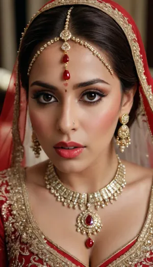 Beautiful busty pakistani bride, wearing red bridal dress, body covered with heavy jewellery writing, (slut written on her forehead)