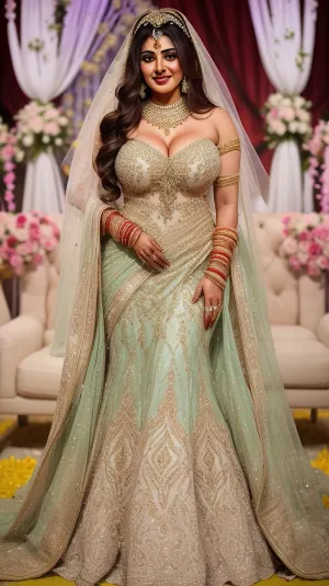 Full body, Beautiful busty pakistani bride, dress as a hindu godess on her wedding day, body covered with heavy jewellery