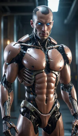 muscular male android, human skin on face, transparent robotic parts with glowing lights, mechanical body parts, guns in hand, fixed stare straight ahead, full body view