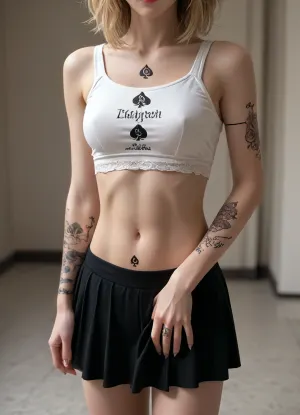 lifting skirt show lingerie, crop top, erotic, sexy, fit body, blonde hair, background blured, QoS Queen Of Spades tattoo, tattooed, <lora:add-detail-xl:.5>