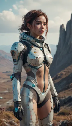 space girl, ripped dirty futuristic full body spacesuite, standing alone on hill, centered, detailed gorgeous face, anime style, key visual, intricate detail, highly detailed, breathtaking, vibrant, panoramic, cinematic, Carne Griffiths, Conrad Roset, ghibli