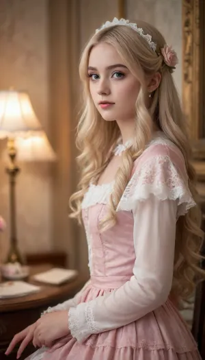 Create an image of a young woman embodying a manga-inspired style, dressed in an elegant maid dress with intricate lace and frills. She is 18 years old, with extremely long, flowing blonde hair cascading down her back. The setting is a whimsical, vintage-inspired room with soft pastel colors and delicate floral patterns, enhancing the youthful and playful mood. The lighting is gentle and warm, casting a soft glow that highlights her features and the intricate details of her attire.