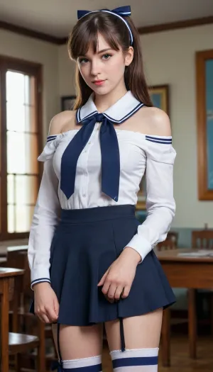 8k, highres, absurdres, masterpiece, best quality, original, extremely detailed CG, extremely detailed wallpaper, realistic, high resolution, ultra_sharp, lyco, (GoodHands-beta2:1), 1girl, solo, simple_background, standing, kcjohnston, two side up, school uniform, off shoulder, blue shirt, sailor collar, black skirt, thighhighs, garter straps, single glove, hair ribbon