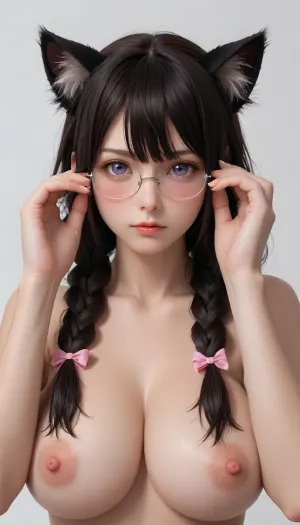 bakemonogatari, monogatari, (series), nekomonogatari, hanekawa tsubasa, 1girl, breasts, long hair, looking at viewer, solo, simple background, white background, black hair, blush, glasses, nipples, nude, purple eye s, braid, twin braids, huge breasts, animal ears, cat ears, cat girl, completely nude, sketch, adjusting eyewear