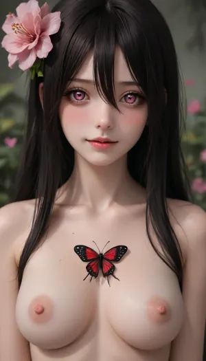dorei to no seikatsu ~teaching feeling~, sylvie, 1girl, breasts, cleavage, head tilt, long hair, looking at viewer, medium breasts, smile, solo, flower, black hair, blush, nude, parted lips, claws, monster girl, collarbone, (horror:1.4), heart, pink eyes, hair between eyes, heart-shaped pupils, symbol-shaped pupils, nose blush, plant gir, bug, insect, alternate breast size, scar, butterfly, black sclera, colored sclera, extra eyes, pink flower, one eye covered, burn scar, monsterification