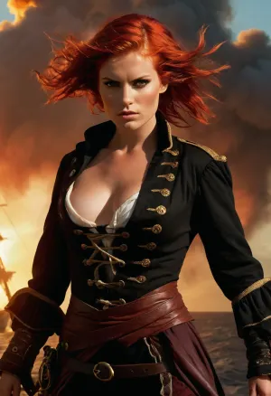 (masterpiece, best quality, ultra-detailed:1.2), (a majestic pirate queen, pirate, pirate queen, pirate captain:1.4), (fierce gaze, intimidating presence:1.1), (bobcut fiery red hair tousled by the wind, boy cut hair, short hair, unkempt hair:1.4), (deeply tanned skin, weathered skin, battle scars, rough skin, battle hardened), standing on the deck of a massive weathered galleon, (intimidating beauty, confident pose, muscular body, lean body:1.3), sails billowing, detailed textures of wood, rope, and fabric, a subtle sense of adventure and impending danger, dramatic lighting from the setting sun, cinematic composition, intricate details, vibrant colors, hyperrealistic style, (sharp focus:1.3), (8k resolution:1.2), masterpiece painting, ZipRealism