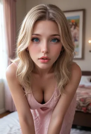 (UHD, 8k, F2.8, RAW Photo, ultra detailed, sharp focus), (masterpiece, score_9, score_8_up, score_7_up:1.1), (horny bimbo, hot wife:1.3), (posing seductively alone in her bedroom, leaning forward, closeup on face, focus on lips:1.5), (vacant expression, ditzy, bimbo, big eyes, doe eyes)