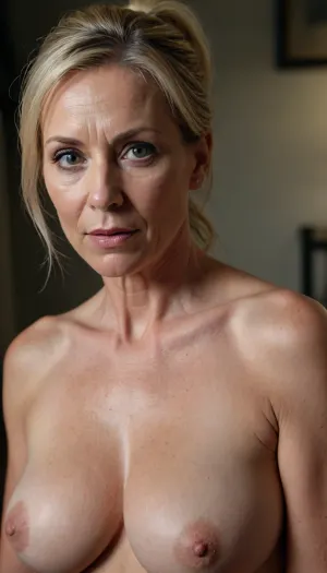 ((1 woman), (mature:1.2), milf, gilf, blonde, (mature 45 year old woman), very realistic, ponytail, naked, heavy breasts, (facial wrinkles:1), dim light, soft lightning, looking at viewer, (((view from above:1))))