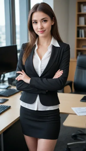 score_9, score_8_up, score_7_up, score_6_up, glshs, 1girl, small cleavage, black suit, white blouse, black skirt, medium breast, petite fit girl, secretary, bend on office desk, arm crossed, crossed arm, looking at viewers, csr style, teasing smile, slightly blush