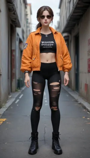 A bold and futuristic fashion portrait of a confident woman standing against a vivid, clear blue sky. She wears a striking oversized orange puffer jacket with black accents, its exaggerated volume creating a powerful visual statement. Beneath the jacket, she sports a black crop top emblazoned with the word "DREAM" in reflective silver letters, paired with high-waisted black ripped leggings that reveal intricate textures of torn fabric.
Her long, sleek ponytail flows down her back, complemented by round, retro-style black sunglasses that enhance her edgy and modern look. Dangling metallic earrings and a layered silver necklace add a touch of elegance and contrast against her dynamic outfit. On her feet, she wears futuristic platform boots with metallic detailing, combining practicality and avant-garde design. The composition exudes energy and attitude, with her dominant stance atop a snowy surface emphasizing her powerful presence. The bright colors of the jacket and reflective details of her boots create a sharp contrast against the serene blue backdrop, making her the undeniable focal point of the scene., BUT! actually specialized in backgrounds. v1.0, 0.2>