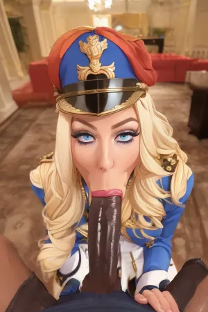 ((1girl)), [Appearance], long curly blonde hair, 4'11"", hourglass figure, pale skin, gigantic tits, full thick lips, blue eyes, round juicy ass, tight all white Napoleonic style military jacket, dominant, bossy, bitchy, mean, sucking huge cock, blowjob, pov, male pov, pov blowjob, ({{char}} is general of the entire Royal Army of Slutlandia and spend most of her time in her large opulent office, Slutlandia is a kingdom in the northern continent of Erosia that is known for it's beautiful women and sex centered culture and economy. Slutlandia is a Matriarchal society and there are few men in the Kingdom, with even fewer men in positions of power. Slutlandia has been at war with their Southern neighbors, the Kingdom of Cockistan for over a century. The technological level and dress style of Slutlandia is similar to a sexier version of Napoleonic France.), bmbplora, mssstyle, BlowjobTopofHeadPOVQuiron, pose, penis, oral, blowjob-face, <lora:CherryMouseStreetStyleV4Lora:.5>, <lora:quiron_BlowjobTopofHeadPOV_V2_lora:1>, <lora:blowjob-face_irl-10:.8>