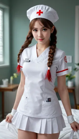 8k, highres, absurdres, masterpiece, best quality, original, extremely detailed CG, extremely detailed wallpaper, realistic, high resolution, ultra_sharp, lyco, (GoodHands-beta2:1), 1girl, solo, simple_background, standing, ebola-chan, twintails, hair flower, hair ornament, nurse cap, nurse