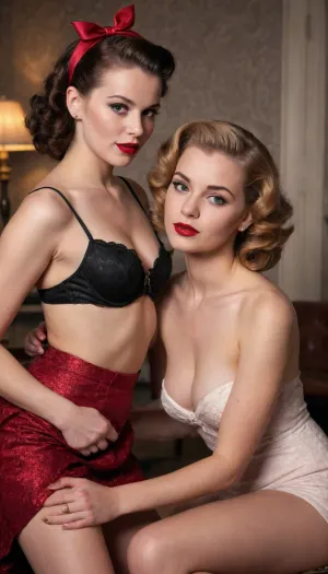 young Swedish temptress, petite and slim, 50s style pinup, photorealistic, ((the temptress is having sex with another lesbian black girl))