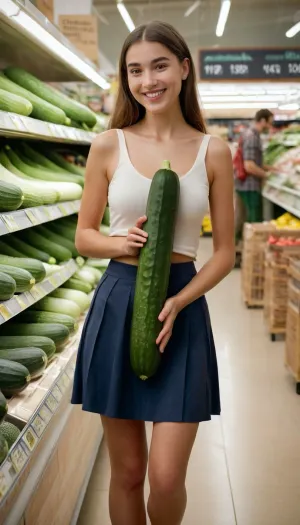 a girl is holding one big long cucumber, in a grocery store, ccmbr, smiling, (skirt, lift:1.2)
