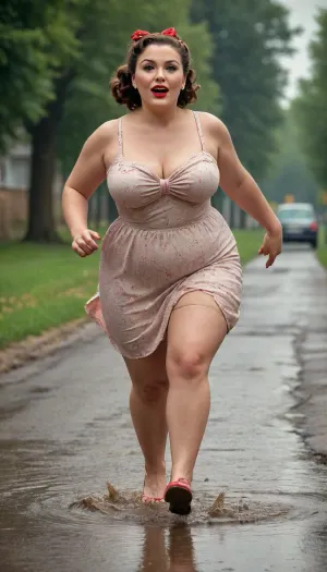 woman, realistic picture, Masterpiece, highly detailed, history quality, HDR tv. Pin-up style, 1950 picture, fat woman, middle-aged, in a light sundress, on her naked body, running through puddles