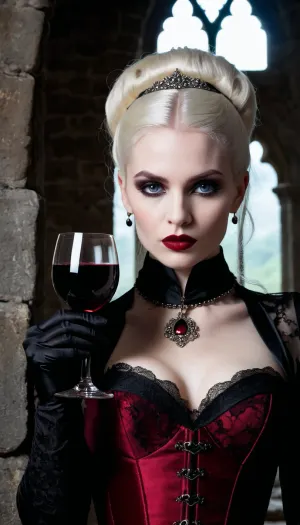 (An enrapturing portrait of a stunningly beautiful goth girl vampire in a gothic castle, drinking red wine from an ornate goblet:1.4), (silhouetted against a dark, stone wall backdrop:1.3), (focus on eyes, intense expression, unnerving, eerie, inescapable eye contact, demanding presence:1.5), (long, straight white hair cascading over her shoulders, contrasting with her dark makeup), (soulless pale blue eyes, pale creamy porcelain skin, creamy skin texture, chiselled cheekbones, strong jawline, defined jawline, elegant neck, subtle vellus hairs), (goth makeup, smoky eye shadow, heavy mascara, winged eyeliner, long eyelashes, immaculate eyebrows, blood red lipstick, wet lip look), (her predatory smirk hints at the deadly fangs hidden beneath her glistening lips), (wearing a black lace corset, black choker with a silver pendant, black lace gloves), (gothic architecture in the background, stone walls, arched windows, wrought iron details), ZipRealism