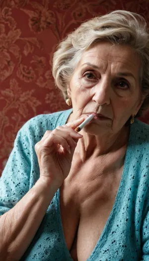 granny smoking a cigarette, old, mature, woman, 60+, Pubic Hair, faded blonde Hair, Saggy tits, Natural sagging tits, displaying wet pussy, high details, high definition, <lora:220437_training_data:1>