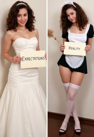 side-by-side two pictures, young French petite woman, curly brown hair, standing, (first picture on the left, confident, playful expression, huge smile, wedding dress, tiara, holding a handmade sign with text "EXPECTATIONS"), (second picture on the right, new expression on her face, much more serious, worried, frowning, sad, sexy french maid costume, black and white, feather duster in her pussy, holding a handmade sign with text "REALITY" in other hand)