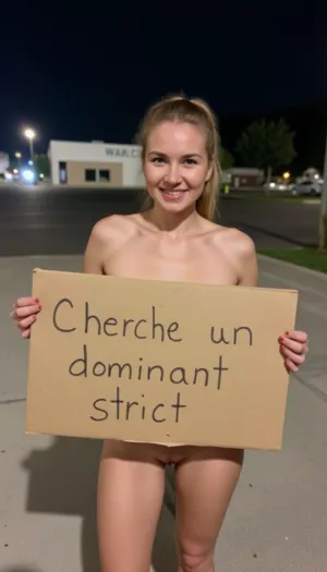 Graceful, pretty old nude woman of 69 years old, cute face, ponytail, sexy, standing in a parking lot, in the evening, in the light of a spotlight, holding a handmade sign with text "Cherche un dominant strict".