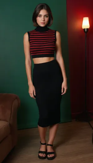20 year old, olive skin, well-built, large breasts, slight smile, short hair center parted, (hair behind ears), ((feet visible)), ((full body)), front view, party, Vintage George Turtleneck Stripe Sleeveless crop Sweater Knit Red Black Y2K, black polyester slim Low rise maxi Skirt, flip flops
