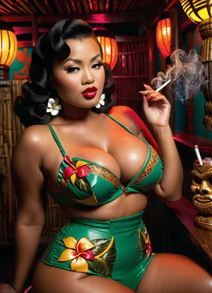 A black & white photo of a curvy young busty pornstar of mixed asian and african descent, with large round breast implants, 1940's hairdo, young 1940's pinup model face, (sultry femme fatale smoking at a 1940's tiki nightclub:1.4), a small curl of smoke wafts from the cigarette, (bare breasts:1.3), (exposed labia:1.3), full body view, perfect hands, perfect fingers, hyper realism, cinematic lighting, film noir style, eliminate one cigarette, (exposed breasts.

dark african-american skin:1.6), exotic asian eyes, wide jaw, fit, gigantic silicone tits, size 44 breasts, l-cup breasts, plump heavy breasts, pornstar tits, small areolae, aroused nipples, narrow wasp waist, wide hips, (pierced navel:1.3), plump round butt, puffy mound of venus, curvy legs, plump thighs, erotic sultry pout, latex dominatrix., blacklight, makeup, <lora:blacklight_makeup_v2:.5>