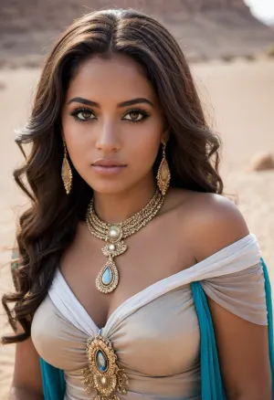 curvy young egypt princess in the desert, close-up cleavage, off-shoulder dress, scarf, vile, jewelry, gems, plump tits, flirting eyes, long hair, leaning forward, dynamic angle, dark skin