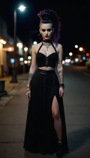(((Full body))), 30 year old, gothic dress, avant-garde snapshot aesthetic, deep saturation, shadowy vignetting, light leaks, film grain, bokeh, night, black long hair mohawk side combed, oversized choker with o-ring, well-built, Holo-Punk, Style, <lora:HoloPunkXL:.3>