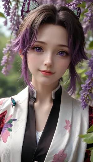 Shinobu kocho from kimetsu no yaiba, smile brightly, butterfly flying all around, wisteria tree background, shinobu, <lora:ShinobuXL:1>