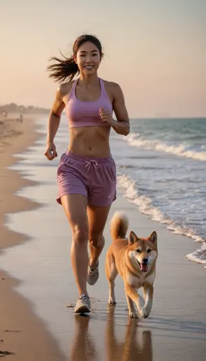 brawny muscular girl jogging with her shiba inu along a beautiful beach during sunset, sweaty