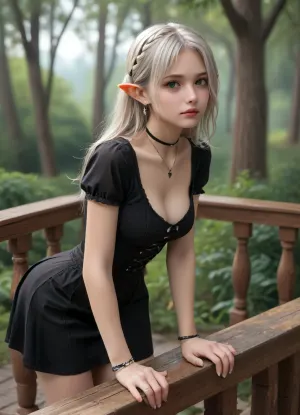 score_9, score_8_up, score_7_up, masterpiece, (realistic:1.3), 1girl, elf girl, green eyes, long white hair, petite, multiple tiny ponytails, perfect face, detailed face, detailed body, elfic wooden home, wooden balcony, laced tight gothic suit, skirt lift, fit body, black necklace, black bracelets, black earrings, black jewelry, bent over balcony, pensive, heavy breasts, sideboobs, cleavage, see the legs through a slit on the side of the dress, view from side, looking at viewer, small thin chin, close view, 8k, ultra detailed skin texture, ultra realistic skin texture, elfic forest outside, enchanted forest, moon lightning