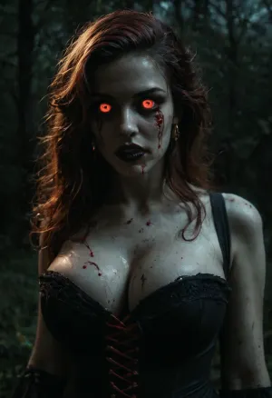 ((ultimate realistic photo)), ((25 yo vampire girl)), 18th century dark clothing, deep cleavage, ((large breasts)), in the woods at night, blood dripping vom chin, goddess, gracious, sexy, fierce, forceful, lascivious, fascinating, desirable, intoxicating, scary, eerie, UHD 8K, cinematic masterpiece, maximum quality, maximum details, realism, score 9, score 8 up, score 7 up, <lora:Mistress_of_the_night-000016:.8>, <lora:dark:.8>