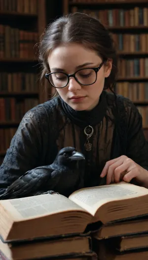 Endless massive Library, dark and dingy, old abandoned building, dusty books, cobwebs, crows, raven, reading intently, face burried into a book, wearing glasses, nude, looks as though she just smelled a very smelly fart and loved it, micro smirk