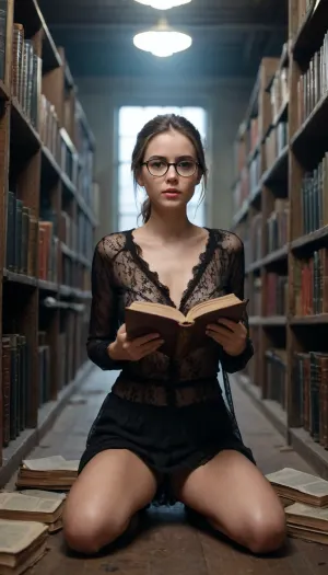 Endless massive Library, dark and dingy, old abandoned building, dusty books, cobwebs, unbuttoned and opened black mesh see-through clothing with nothing underneath, showing some skin, vagina peak, reading intently, full body view, wearing glasses, looks as though she just smelled a very smelly fart it made her hornier than she has ever been in her entire life, micro smirk