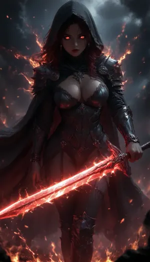 woman, long black messy hair, rings, earrings, necklace, bracelet, strong makeup, big breasts, perfect Body, best quality, perfect face, perfect body, highres, 8k wallpaper, (soft lighting:.5), quality, black hood, cape, ((deathknight black spiky full metal warrior armor)), hood, burning undead tomb, black warpaint, skulls, (burning dark red fireball in Hand), dynamic pose, fire armor bustier deep cleavage, (perfect ass), (dark red fire), (burning), (Leg armor), hkstyle, nipples, ((dynamic sexy pose)), nip slip, angry facial expression, flaming eyes, (surrounded by fire), Black Lace Stockings Pantyhose Suspender Garter Belt Thigh High Socks, <lora:hkstyleV5:1.2>, <lora:dark:.6>, (burning dark red greatsword in Hand), very pale skin, (dark red flamewaves:1.5), ((dark red electricity:1.5))