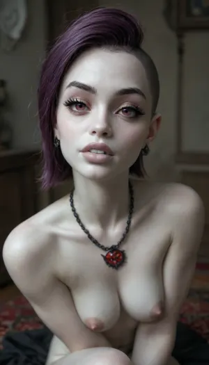 (1 cute girl vampire:1.3), (showing vampire fangs:1.2), (big thick lips:1.3), (white lips:1.6), (small thin face:1.3), (small head:1.3), (purple hair:1.2), (extremely long undershave bob hairstyle:1.2), thin eyebrows, (long revealing black clothing:1.4), (nude:1.2), (extremely pure white skin:1.6), (dimples), (very long thick eyelashes:1.2), (purple eyes:1.2), (cute muscular body:1.1), collarbones, (multiple big necklace:1.3), (earrings:1.1), (cute medium breasts:1.3), (small waist:1), (tiny dark erect nipples:1.3), (bubble butt:1.3), (thick thighs:1.4), (long legs:1.3), (multicolour hair:1.2), (beads in hair:1.2), (full body view:1.2), (perfect cute eyes:1.3), perfect teeth, 8k, (undead wasteland at night:1.2), 512/3000
