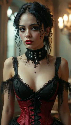 Photorealistic, latina goth with goth makeup, crying, cleavage, small waist, corset, <lora:MJ52:.8>
