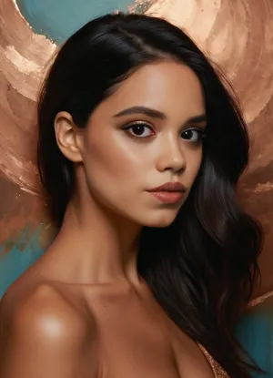 A mesmerising portrait of a woman with black hair by Agnes Cecil, reinterpreted with light design and pastel colours. Copper brush strokes dance across the canvas, shifting from light rose gold to deep bronze and shades of greenish blue. These strokes create a partial frame, emphasising the woman's features with delicate highlights on her hair and facial contours. Sweeping copper brushstrokes of varying opacity add depth and movement to the background, blending seamlessly with the existing ink smudges. Textured brushes mimic real copper paint, alternating between subtle and bold strokes for visual intrigue. The copper elements interact with the autumn light, catching and reflecting the light glare. Pastel colours and paint drops are harmoniously combined with metallic accents to create a multi-layered tactile experience. The final work balances the luminous qualities and elegance of copper, creating a breathtaking blend of traditional and contemporary artistic techniques that will take your breath away.