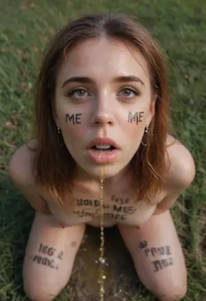 A nude ginger woman, brown eyes, kneeling, grassy field, looking up, looking at viewer, Pissing, body writing, (realistic:.6), (the words "piss", "WHORE", "USE ME":1.6), written in black marker all over her body and face, <lora:288407_training_data:.5>