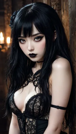 gothic, goth, (asian), pale skin, dark black eyes, black hair, bangs hair, black eyeliner, (black lipstick), white skin, perfect eyes, small eyes, detailed eyes, small nose, good anatomy, ultra detailed, high resolution, fake breasts, slut face, whore, (ahegao:1), sexy posing, (illustration:1), (hand drawn:1), (anime:1), <lora:FLUX mimic - XL - SDXL v4.0:1>, <lora:Vivid Midjourney mimic - XL SDXL v2.0:.8>